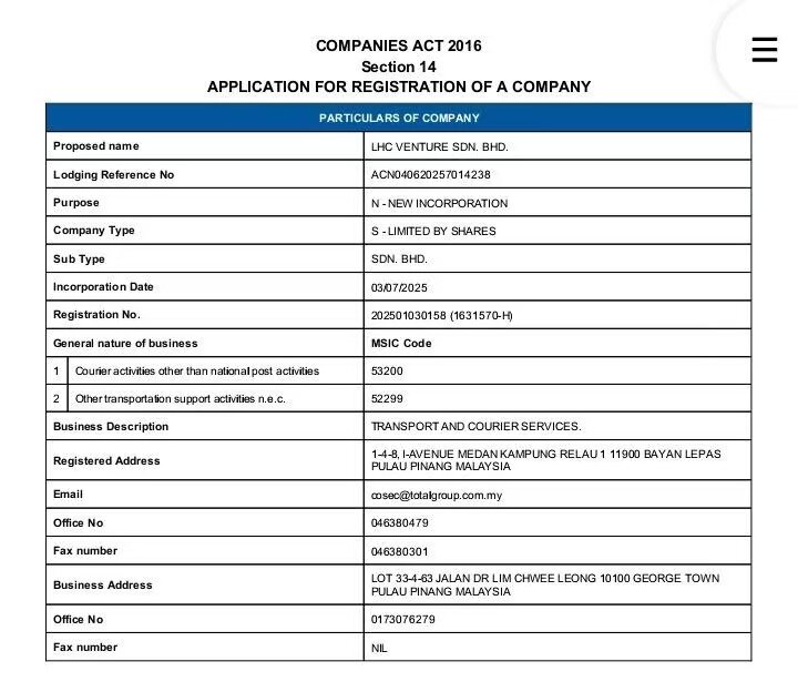 Company registration particulars